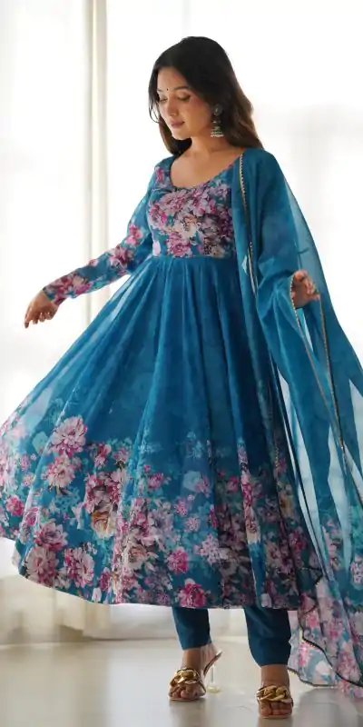 KB 261 Rama Color Soft Organza Silk Print With Kali Gown Casual, Wedding, Party, Festive, Events Etc.4-6 Working Days@ 1999/-only | Gowns, Bollywood Gowns, Creative Gowns, Designer Gowns, Embroidered Gowns, Party Wear Gowns