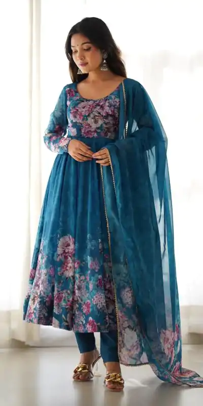KB 261 Rama Color Soft Organza Silk Print With Kali Gown Casual, Wedding, Party, Festive, Events Etc.4-6 Working Days@ 1999/-only | Gowns, Bollywood Gowns, Creative Gowns, Designer Gowns, Embroidered Gowns, Party Wear Gowns