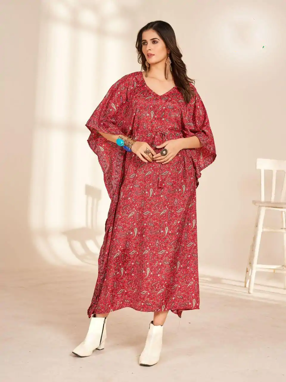 INLI Kaftan vol 2.0 Red Color Heavy French Crape Print Kaftan Suit Casual, Wedding, Party, Festive, Events Etc.4-6 Working Days@ 1399/-only | Casual Suits, Jump Suits, Salwar suit, Creative suits, Designer Suits, Palazzo Suits, Party Wear Suits, Patiala Suits, Straight Suits