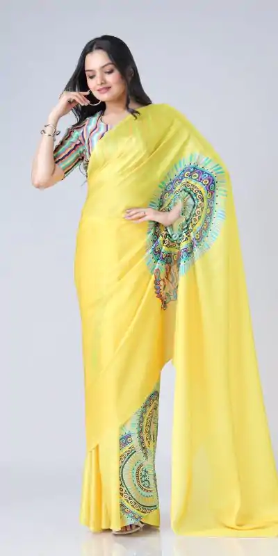 ST 1102 Yellow Color Japan Satin Digital Print Work Saree Casual, Wedding, Festive, Events . Expected Delivery  4-6 Working Days @1849/- only      | Designer Sarees, Embroidered Sarees, Sarees, Bollywood Sarees, Creative Sarees, Ethnic Saree, Modern Digital sarees, Party Wear Sarees
