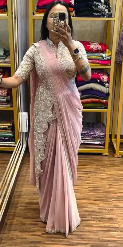  ST 1103 Pink Color Chinon Embroidery Work Ready To Wear Saree Casual, Wedding, Festive, Events . Expected Delivery  4-6 Working Days @2099/- only                                                                                                                                             | Designer Sarees, Embroidered Sarees, Sarees, Bollywood Sarees, Creative Sarees, Ethnic Saree, Modern Digital sarees, Party Wear Sarees