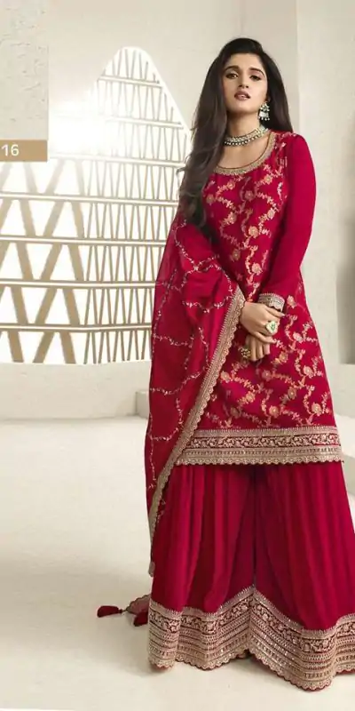 FC 66211 Red Color Jacquard Silk Chinon Multi Work Salwar Suit Casual, Wedding, Party, Festive, Events Etc.4-6 Working Days@ 2649/-only | Casual Suits, Jump Suits, Salwar suit, Creative suits, Designer Suits, Palazzo Suits, Party Wear Suits, Patiala Suits, Straight Suits