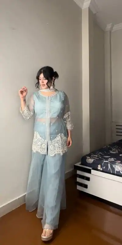 LG 1902 Sky Blue Color Organza Sequence Work Indo-Western Suit Casual, Wedding, Party, Festive, Events Etc.4-6 Working Days@ 2049/-only | Casual Suits, Jump Suits, Salwar suit, Creative suits, Designer Suits, Palazzo Suits, Party Wear Suits, Patiala Suits, Straight Suits