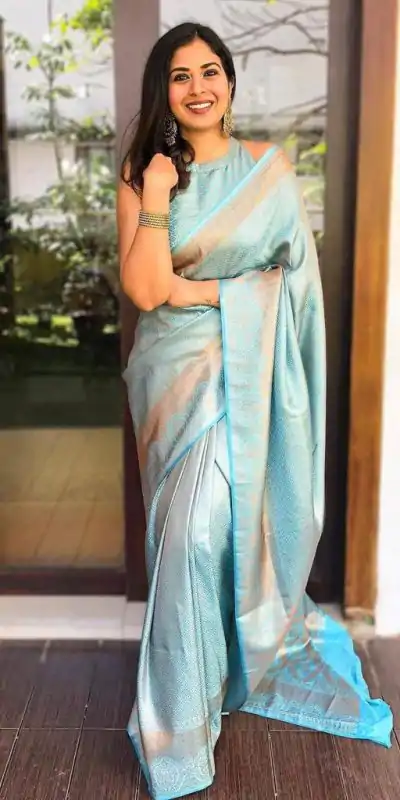  KP 4041 Sky Blue Color Soft Lichi Silk Jacquard Work On All Over Saree Casual, Wedding, Festive, Events . Expected Delivery  4-6 Working Days @1349/- only                                                                                                                                             | Designer Sarees, Embroidered Sarees, Sarees, Bollywood Sarees, Creative Sarees, Ethnic Saree, Modern Digital sarees, Party Wear Sarees