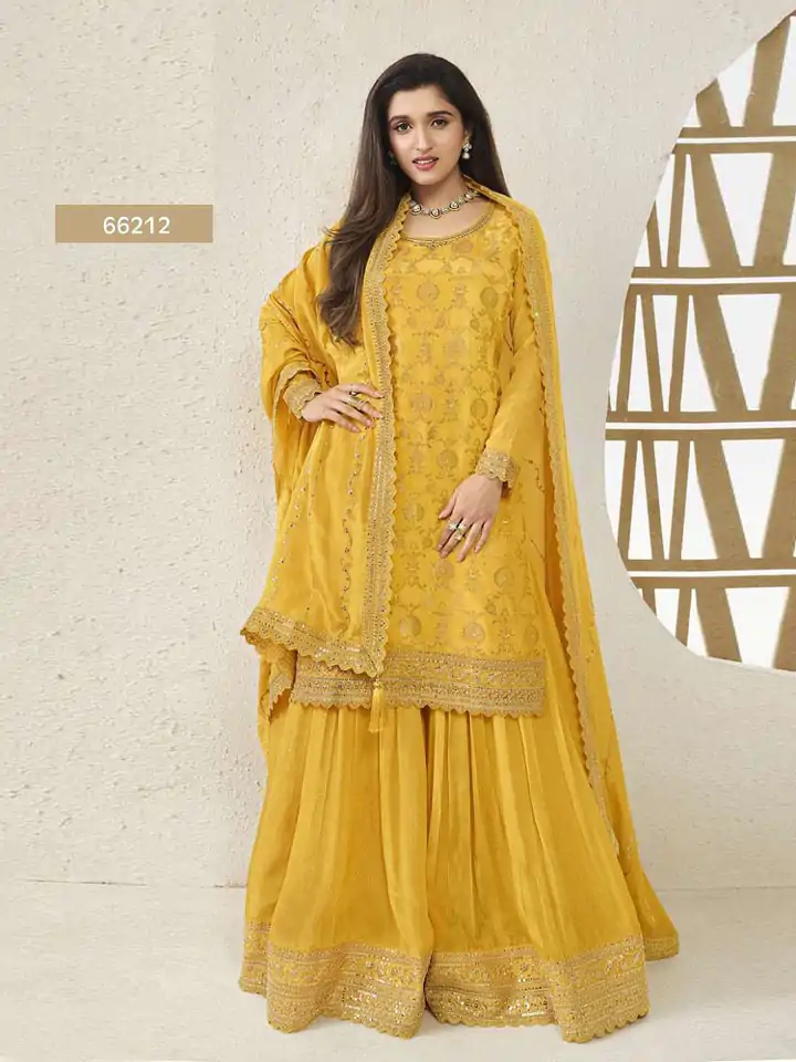 FC 66211 Yellow Color Jacquard Silk Chinon Multi Work Salwar Suit Casual, Wedding, Party, Festive, Events Etc.4-6 Working Days@ 2649/-only | Casual Suits, Jump Suits, Salwar suit, Creative suits, Designer Suits, Palazzo Suits, Party Wear Suits, Patiala Suits, Straight Suits