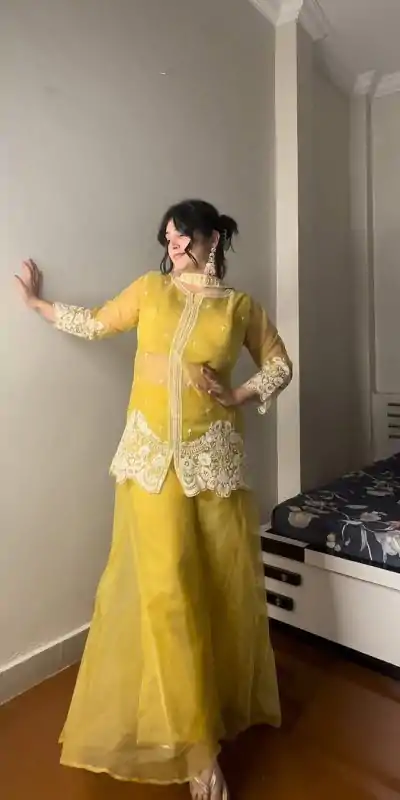LG 1902 Yellow Color Organza Sequence Work Indo-Western Suit Casual, Wedding, Party, Festive, Events Etc.4-6 Working Days@ 2049/-only | Casual Suits, Jump Suits, Salwar suit, Creative suits, Designer Suits, Palazzo Suits, Party Wear Suits, Patiala Suits, Straight Suits