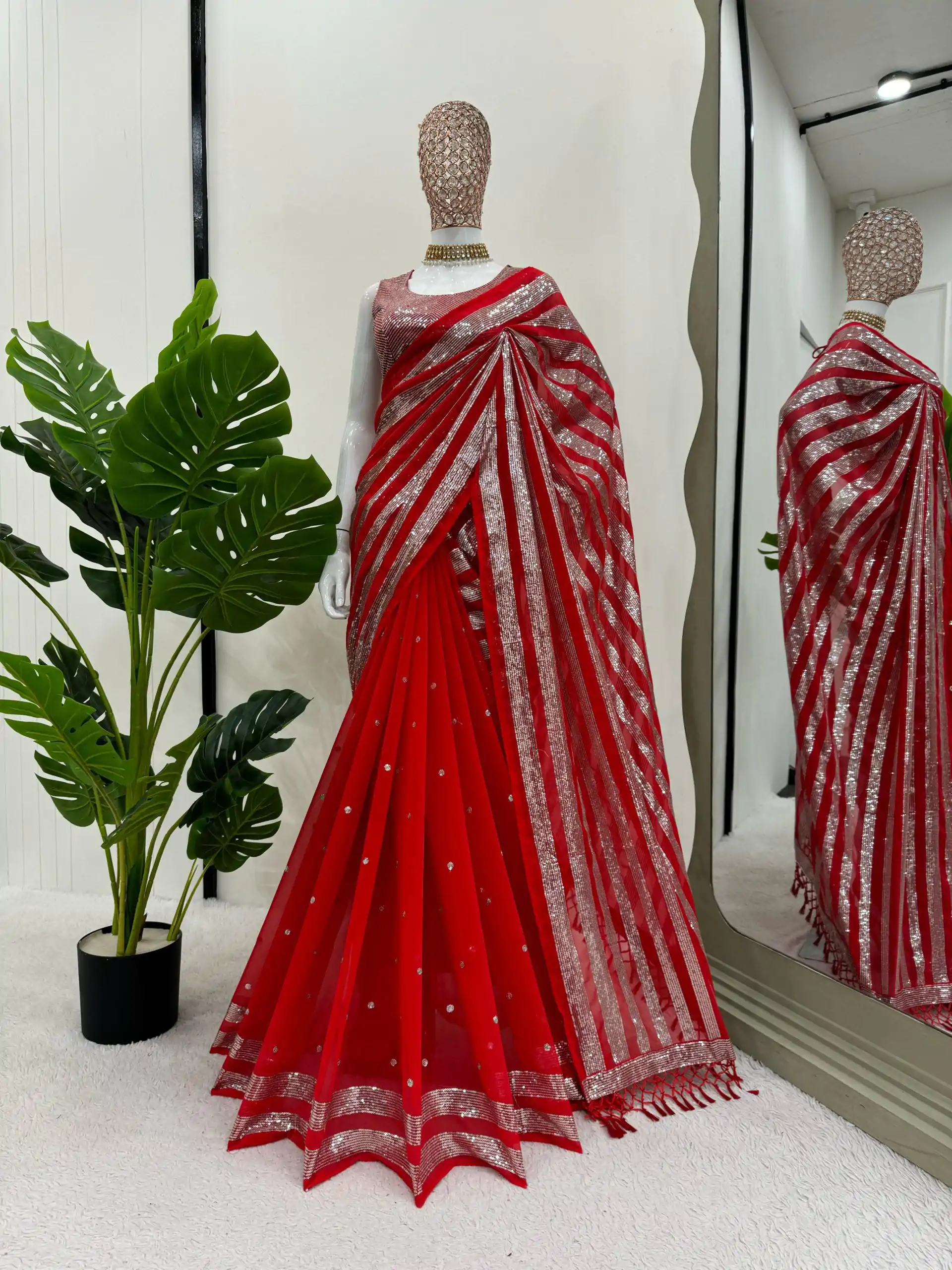KD 582 Red Color Georgette Thread Sequence Work Saree Casual, Wedding, Festive, Events . Expected Delivery  4-6 Working Days @1999/- only                                                                                                                                           | Designer Sarees, Embroidered Sarees, Sarees, Bollywood Sarees, Creative Sarees, Ethnic Saree, Modern Digital sarees, Party Wear Sarees