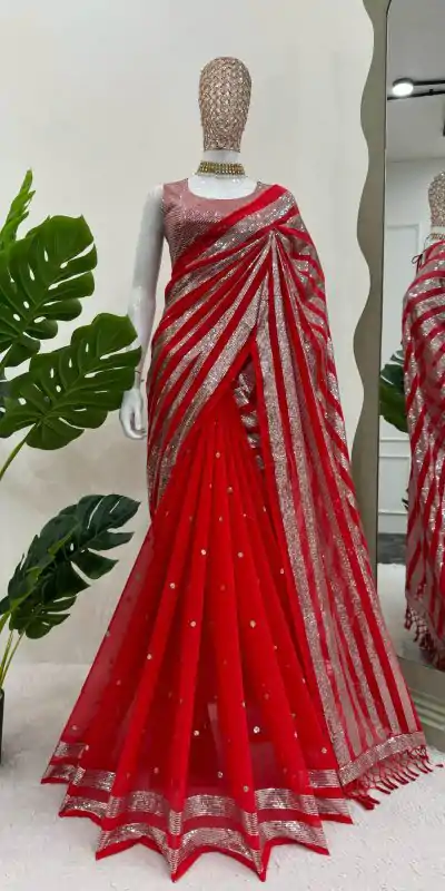 KD 582 Red Color Georgette Thread Sequence Work Saree Casual, Wedding, Festive, Events . Expected Delivery  4-6 Working Days @1999/- only                                                                                                                                           | Designer Sarees, Embroidered Sarees, Sarees, Bollywood Sarees, Creative Sarees, Ethnic Saree, Modern Digital sarees, Party Wear Sarees