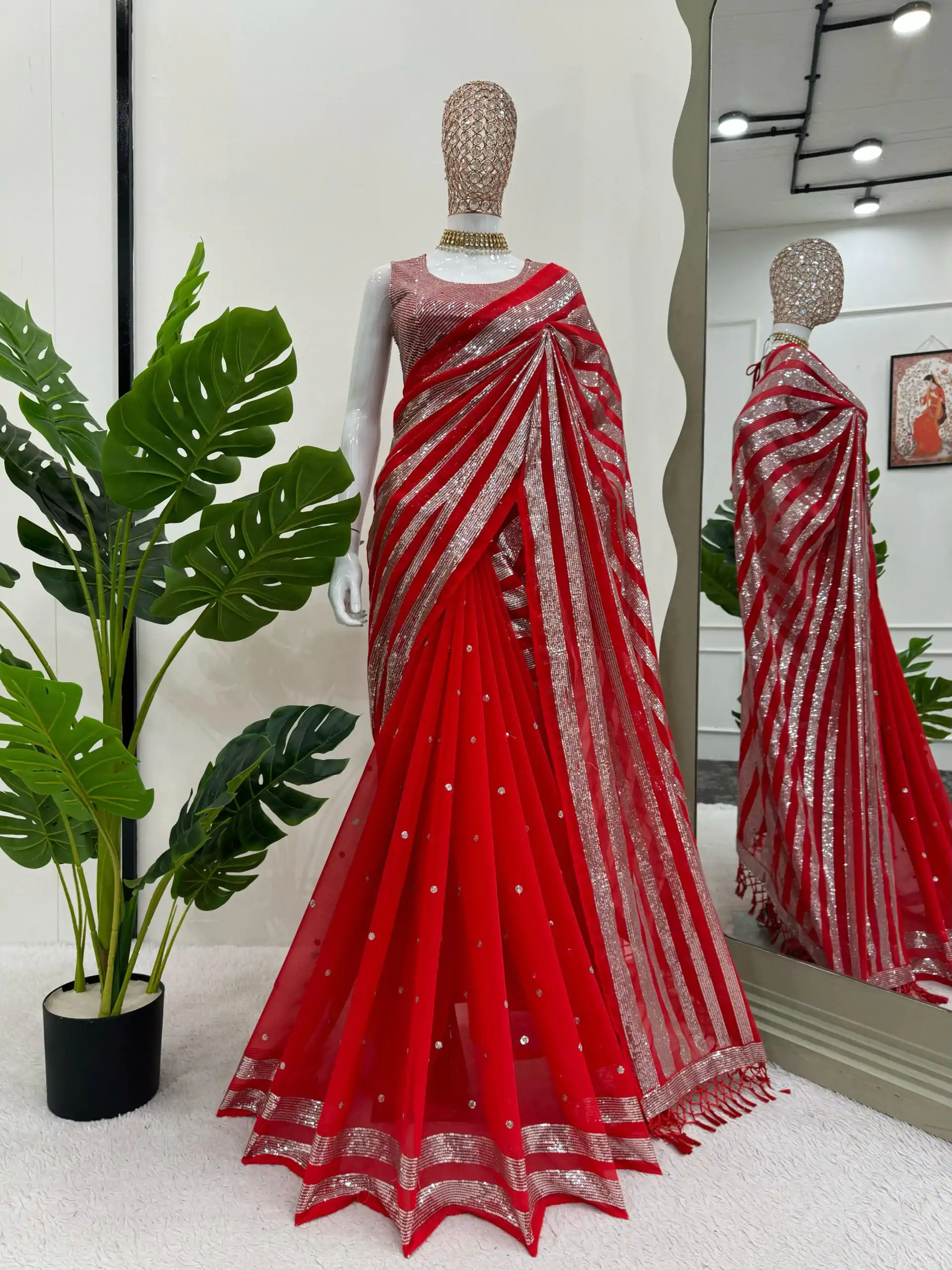 KD 582 Red Color Georgette Thread Sequence Work Saree Casual, Wedding, Festive, Events . Expected Delivery  4-6 Working Days @1999/- only                                                                                                                                           | Designer Sarees, Embroidered Sarees, Sarees, Bollywood Sarees, Creative Sarees, Ethnic Saree, Modern Digital sarees, Party Wear Sarees