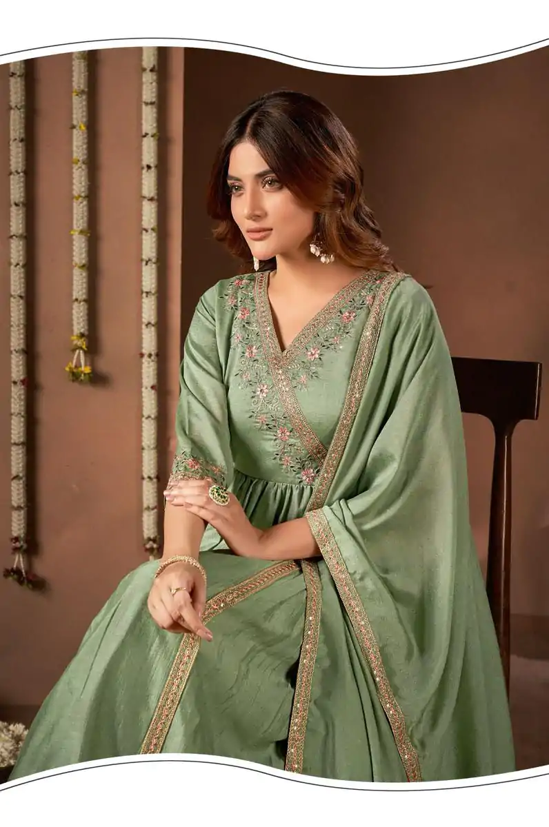 BE 316 Pista Color Vichitra Silk Embroidery Work Salwar Suit Casual, Wedding, Festive, Events . Expected Delivery  4-6 Working Days @2299/- only      | Casual Suits, Jump Suits, Salwar suit, Creative suits, Designer Suits, Palazzo Suits, Party Wear Suits, Patiala Suits, Straight Suits