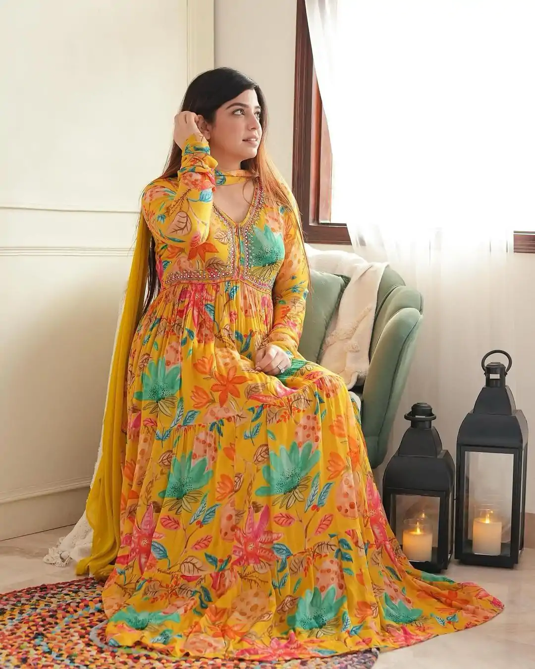 KF 1616 Yellow Color Foix Georgette Sequence Work With Ruffle Gown Casual, Wedding, Party, Festive, Events Etc.4-6 Working Days@ 1899/-only | Gowns, Bollywood Gowns, Creative Gowns, Designer Gowns, Embroidered Gowns, Party Wear Gowns