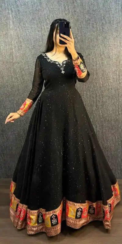 MF 781 Black Georgette Wide Sequence Work Anarkali Gown Wedding Party, Festive, Events Etc.4-6 Working Days @ 1649/ - only | Gowns, Bollywood Gowns, Creative Gowns, Designer Gowns, Embroidered Gowns, Party Wear Gowns, Straight Suits