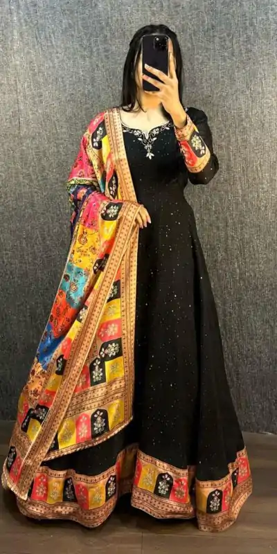 MF 781 Black Georgette Wide Sequence Work Anarkali Gown Wedding Party, Festive, Events Etc.4-6 Working Days @ 1649/ - only | Gowns, Bollywood Gowns, Creative Gowns, Designer Gowns, Embroidered Gowns, Party Wear Gowns, Straight Suits