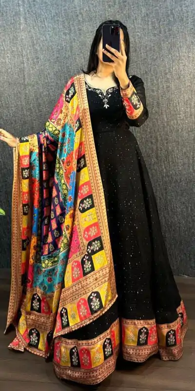 MF 781 Black Georgette Wide Sequence Work Anarkali Gown Wedding Party, Festive, Events Etc.4-6 Working Days @ 1649/ - only | Gowns, Bollywood Gowns, Creative Gowns, Designer Gowns, Embroidered Gowns, Party Wear Gowns, Straight Suits