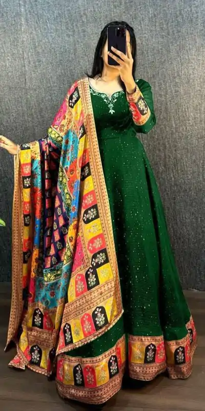 MF 781 Green Georgette Wide Sequence Work Anarkali Gown Wedding Party, Festive, Events Etc.4-6 Working Days @ 1649/ - only | Gowns, Bollywood Gowns, Creative Gowns, Designer Gowns, Embroidered Gowns, Party Wear Gowns, Straight Suits