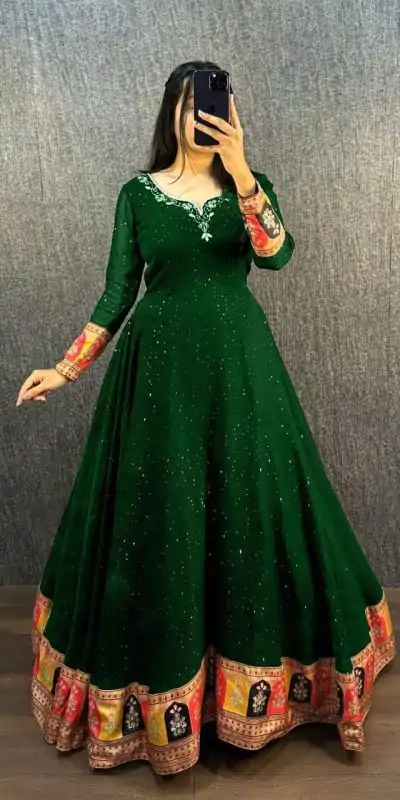 MF 781 Green Georgette Wide Sequence Work Anarkali Gown Wedding Party, Festive, Events Etc.4-6 Working Days @ 1649/ - only | Gowns, Bollywood Gowns, Creative Gowns, Designer Gowns, Embroidered Gowns, Party Wear Gowns, Straight Suits