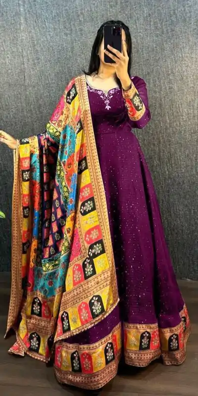 MF 781 Wine Georgette Wide Sequence Work Anarkali Gown Wedding Party, Festive, Events Etc.4-6 Working Days @ 1649/ - only | Gowns, Bollywood Gowns, Creative Gowns, Designer Gowns, Embroidered Gowns, Party Wear Gowns, Straight Suits