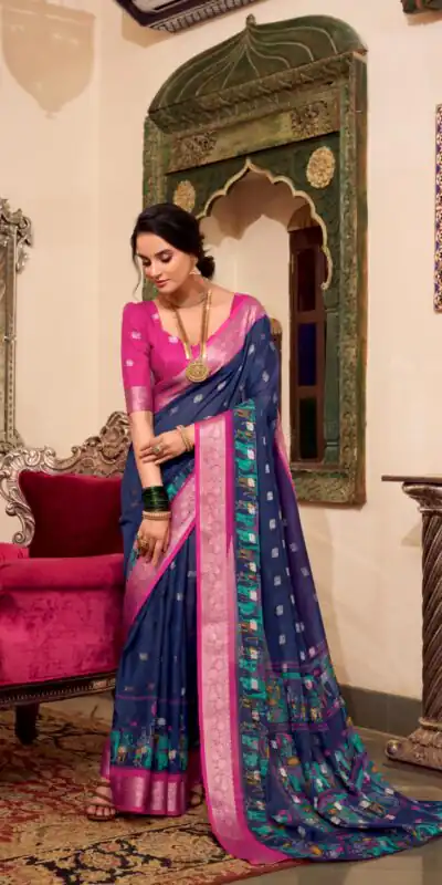 YNF 7031 Navy Blue Color Poly Cotton Kalamkari Print Saree Casual, Wedding, Festive, Events . Expected Delivery  4-6 Working Days @1699/- only                                                                                                                                           | Designer Sarees, Embroidered Sarees, Sarees, Bollywood Sarees, Creative Sarees, Ethnic Saree, Modern Digital sarees, Party Wear Sarees