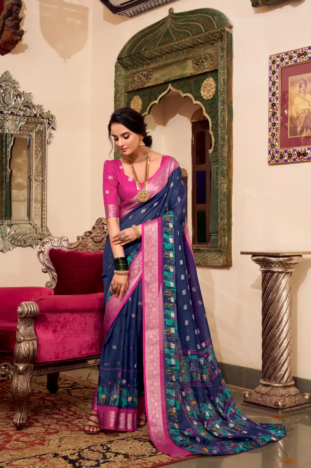 YNF 7031 Navy Blue Color Poly Cotton Kalamkari Print Saree Casual, Wedding, Festive, Events . Expected Delivery  4-6 Working Days @1699/- only                                                                                                                                           | Designer Sarees, Embroidered Sarees, Sarees, Bollywood Sarees, Creative Sarees, Ethnic Saree, Modern Digital sarees, Party Wear Sarees