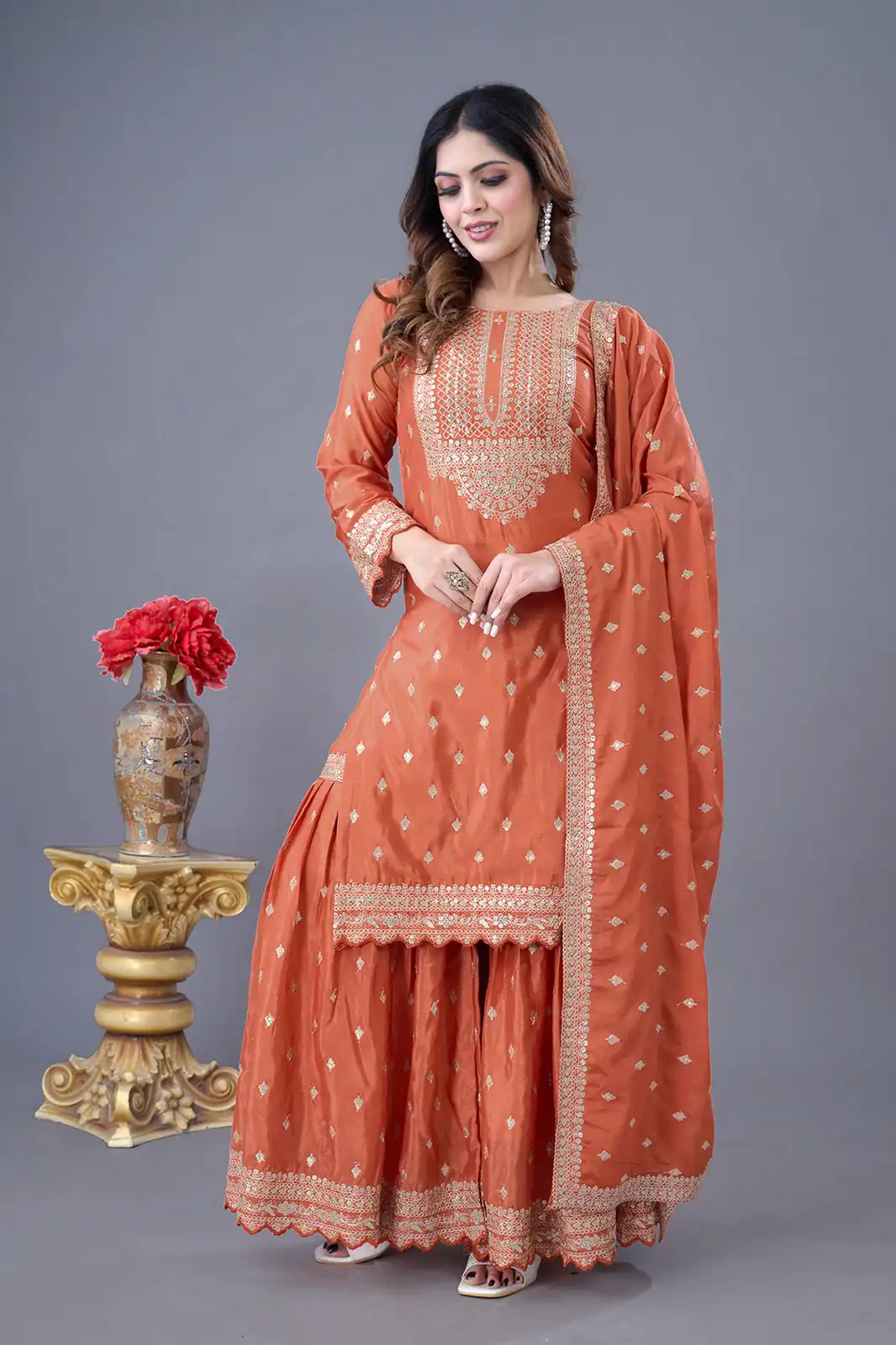 ZF 5006 Orange Color Chinon Silk Sequence Work Salwar Suit Casual, Wedding, Festive, Events . Expected Delivery  4-6 Working Days @2149/- only      | Jump Suits, Salwar suit, Casual Suits, Creative suits, Designer Suits, Palazzo Suits, Party Wear Suits, Patiala Suits, Straight Suits