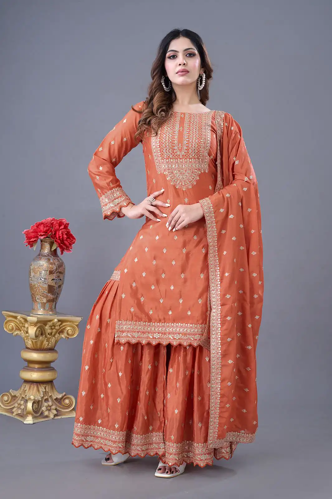 ZF 5006 Orange Color Chinon Silk Sequence Work Salwar Suit Casual, Wedding, Festive, Events . Expected Delivery  4-6 Working Days @2149/- only      | Jump Suits, Salwar suit, Casual Suits, Creative suits, Designer Suits, Palazzo Suits, Party Wear Suits, Patiala Suits, Straight Suits