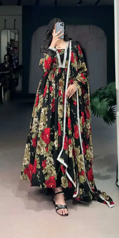 YNF 5040 Red Color Georgette Floral Printed Paper Mirror Lace Gown Casual, Wedding, Party, Festive, Events Etc. Expected Delivery 4-6 Working Days @1899/- | Gowns, Bollywood Gowns, Creative Gowns, Designer Gowns, Embroidered Gowns, Party Wear Gowns