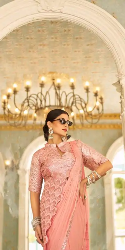 ST 1103 Peach Color Chinon Embroidery Work Lace Border Saree Casual, Wedding, Festive, Events . Expected Delivery  4-6 Working Days @2099/- only                                                                                                                                           | Designer Sarees, Embroidered Sarees, Sarees, Bollywood Sarees, Creative Sarees, Ethnic Saree, Modern Digital sarees, Party Wear Sarees