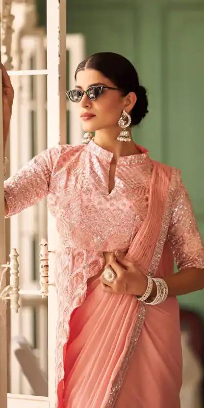 ST 1103 Peach Color Chinon Embroidery Work Lace Border Saree Casual, Wedding, Festive, Events . Expected Delivery  4-6 Working Days @2099/- only                                                                                                                                           | Designer Sarees, Embroidered Sarees, Sarees, Bollywood Sarees, Creative Sarees, Ethnic Saree, Modern Digital sarees, Party Wear Sarees