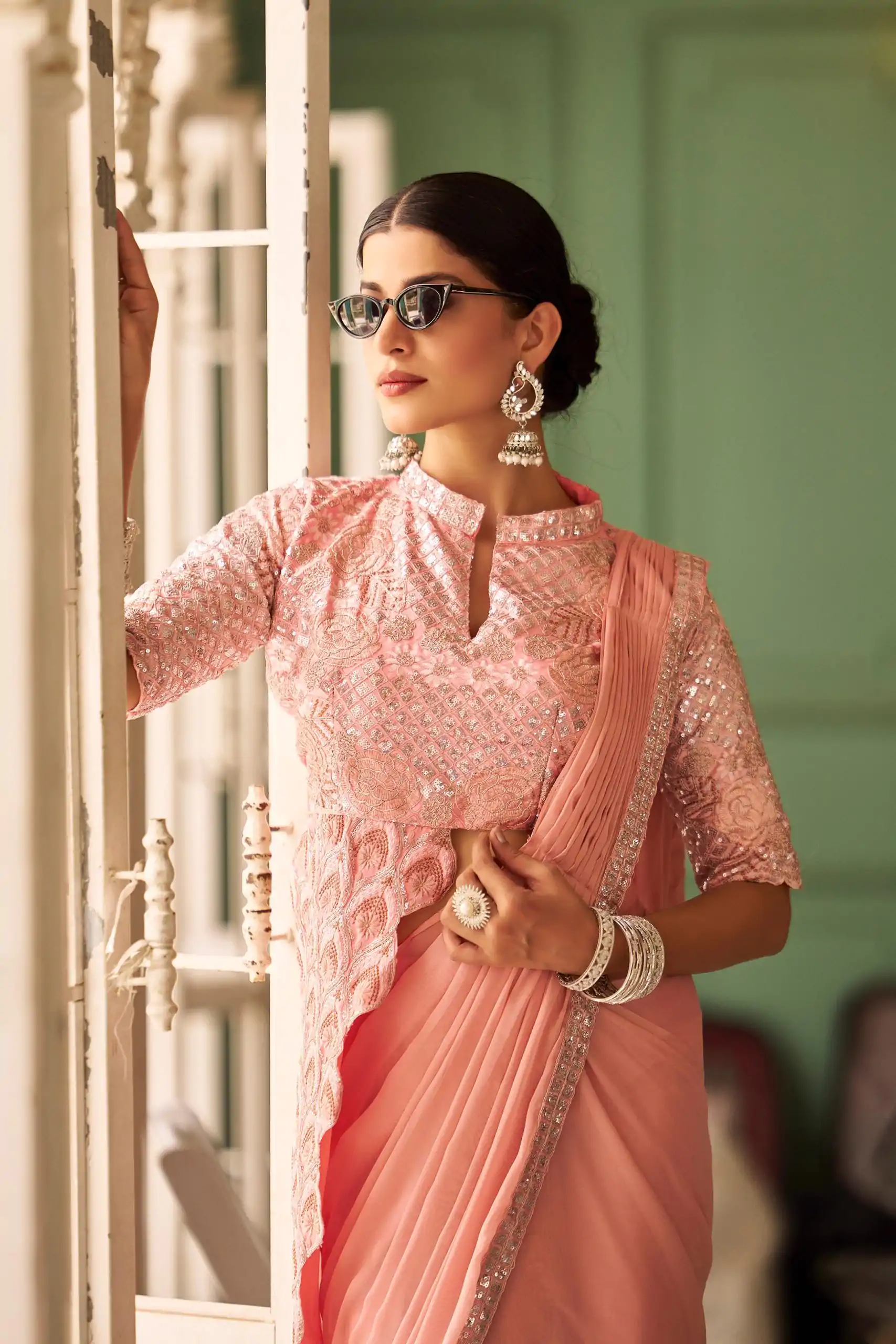 ST 1103 Peach Color Chinon Embroidery Work Lace Border Saree Casual, Wedding, Festive, Events . Expected Delivery  4-6 Working Days @2099/- only                                                                                                                                           | Designer Sarees, Embroidered Sarees, Sarees, Bollywood Sarees, Creative Sarees, Ethnic Saree, Modern Digital sarees, Party Wear Sarees