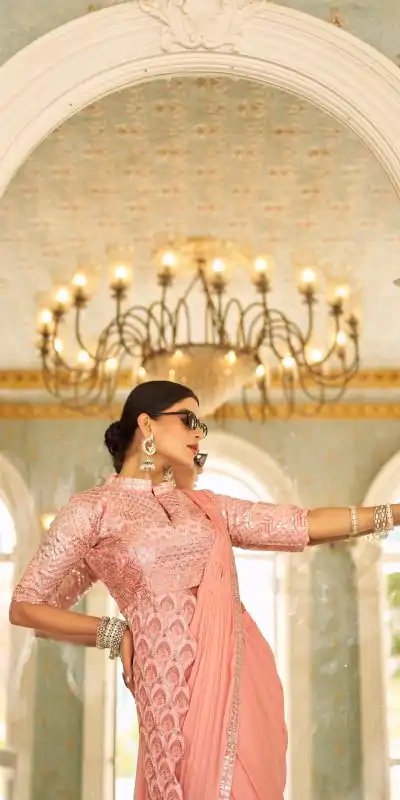 ST 1103 Peach Color Chinon Embroidery Work Lace Border Saree Casual, Wedding, Festive, Events . Expected Delivery  4-6 Working Days @2099/- only                                                                                                                                           | Designer Sarees, Embroidered Sarees, Sarees, Bollywood Sarees, Creative Sarees, Ethnic Saree, Modern Digital sarees, Party Wear Sarees