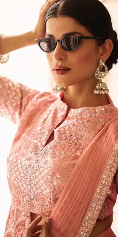 ST 1103 Peach Color Chinon Embroidery Work Lace Border Saree Casual, Wedding, Festive, Events . Expected Delivery  4-6 Working Days @2099/- only                                                                                                                                           | Designer Sarees, Embroidered Sarees, Sarees, Bollywood Sarees, Creative Sarees, Ethnic Saree, Modern Digital sarees, Party Wear Sarees