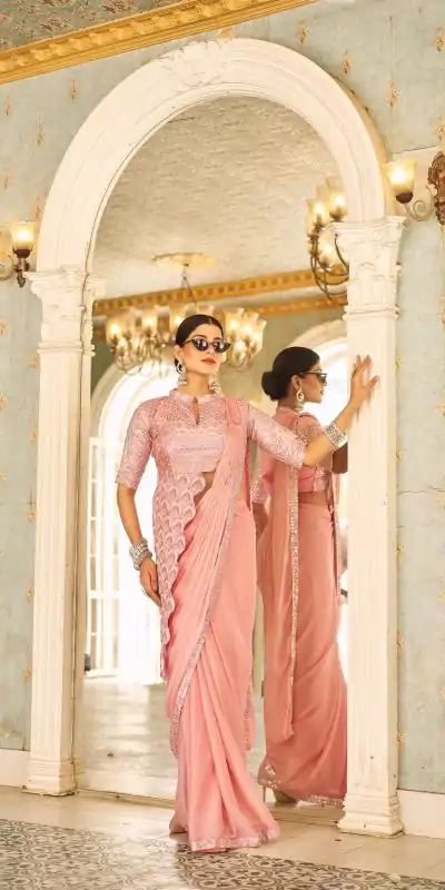 ST 1103 Peach Color Chinon Embroidery Work Lace Border Saree Casual, Wedding, Festive, Events . Expected Delivery  4-6 Working Days @2099/- only                                                                                                                                           | Designer Sarees, Embroidered Sarees, Sarees, Bollywood Sarees, Creative Sarees, Ethnic Saree, Modern Digital sarees, Party Wear Sarees