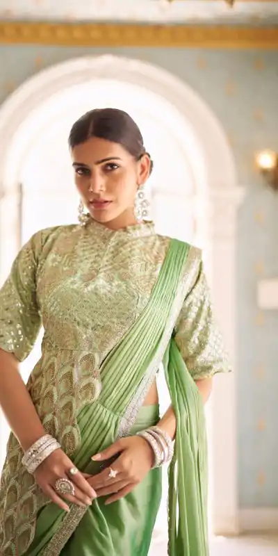 ST 1103 Pista Color Chinon Embroidery Work Lace Border Saree Casual, Wedding, Festive, Events . Expected Delivery  4-6 Working Days @2099/- only                                                                                                                                           | Designer Sarees, Embroidered Sarees, Sarees, Bollywood Sarees, Creative Sarees, Ethnic Saree, Modern Digital sarees, Party Wear Sarees