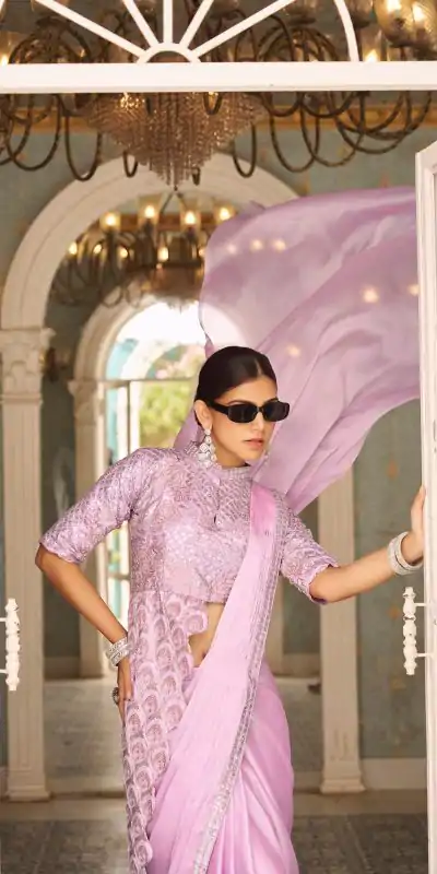 ST 1103 Purple Color Chinon Embroidery Work Lace Border Saree Casual, Wedding, Festive, Events . Expected Delivery  4-6 Working Days @2099/- only                                                                                                                                           | Designer Sarees, Embroidered Sarees, Sarees, Bollywood Sarees, Creative Sarees, Ethnic Saree, Modern Digital sarees, Party Wear Sarees