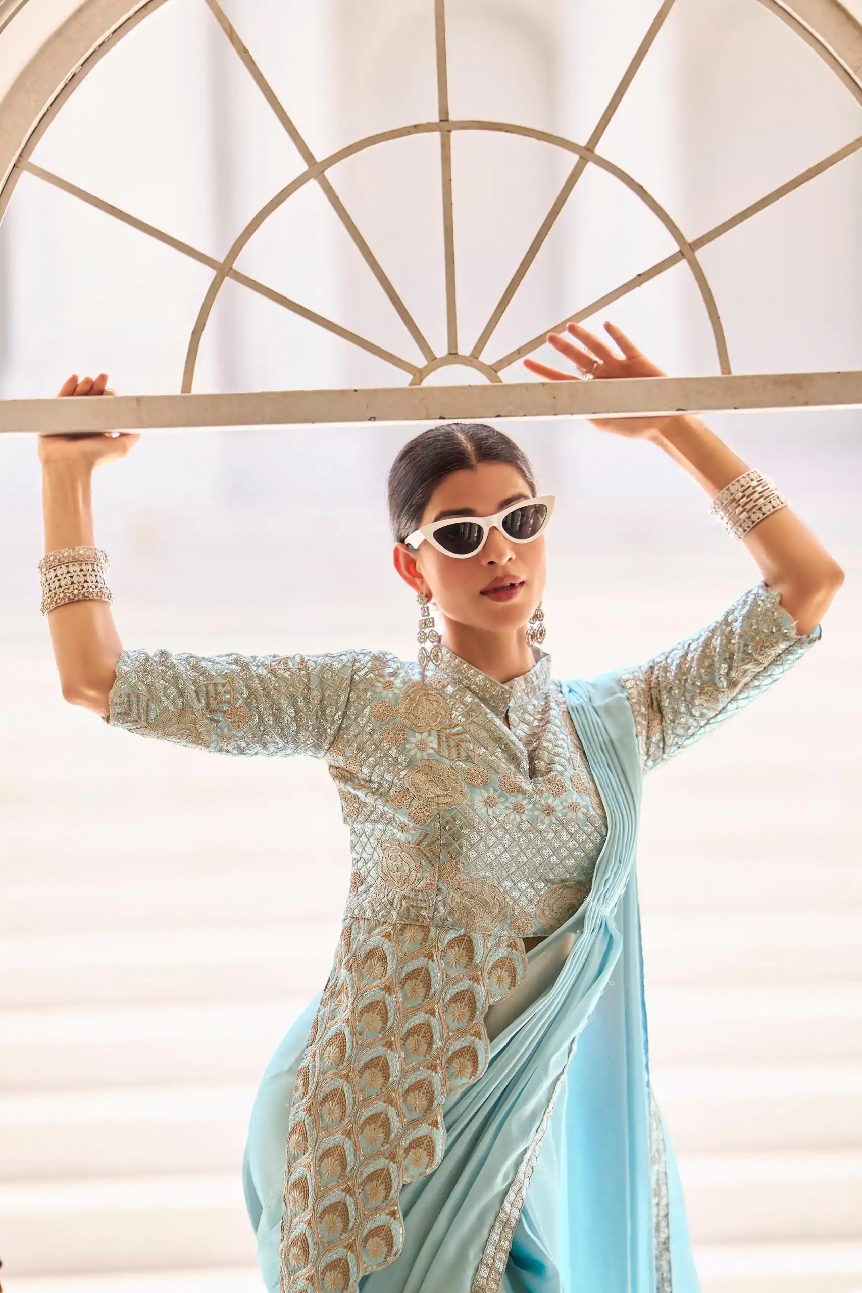 ST 1103 Sky Blue Color Chinon Embroidery Work Lace Border Saree Casual, Wedding, Festive, Events . Expected Delivery  4-6 Working Days @2099/- only                                                                                                                                           | Designer Sarees, Embroidered Sarees, Sarees, Bollywood Sarees, Creative Sarees, Ethnic Saree, Modern Digital sarees, Party Wear Sarees