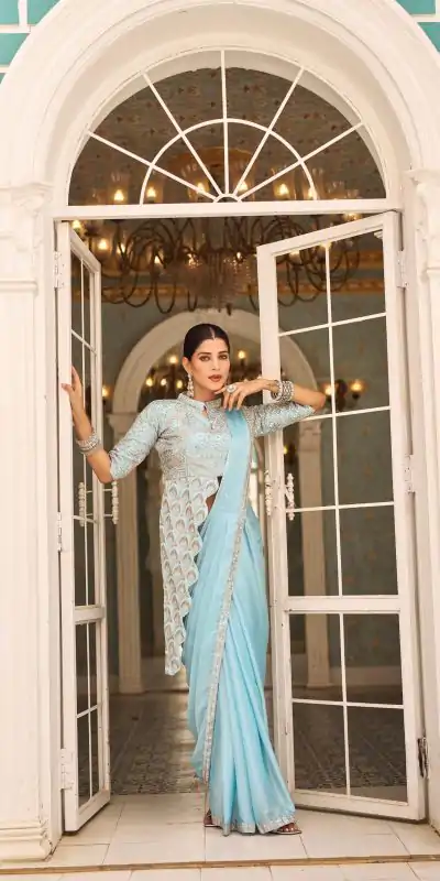 ST 1103 Sky Blue Color Chinon Embroidery Work Lace Border Saree Casual, Wedding, Festive, Events . Expected Delivery  4-6 Working Days @2099/- only                                                                                                                                           | Designer Sarees, Embroidered Sarees, Sarees, Bollywood Sarees, Creative Sarees, Ethnic Saree, Modern Digital sarees, Party Wear Sarees