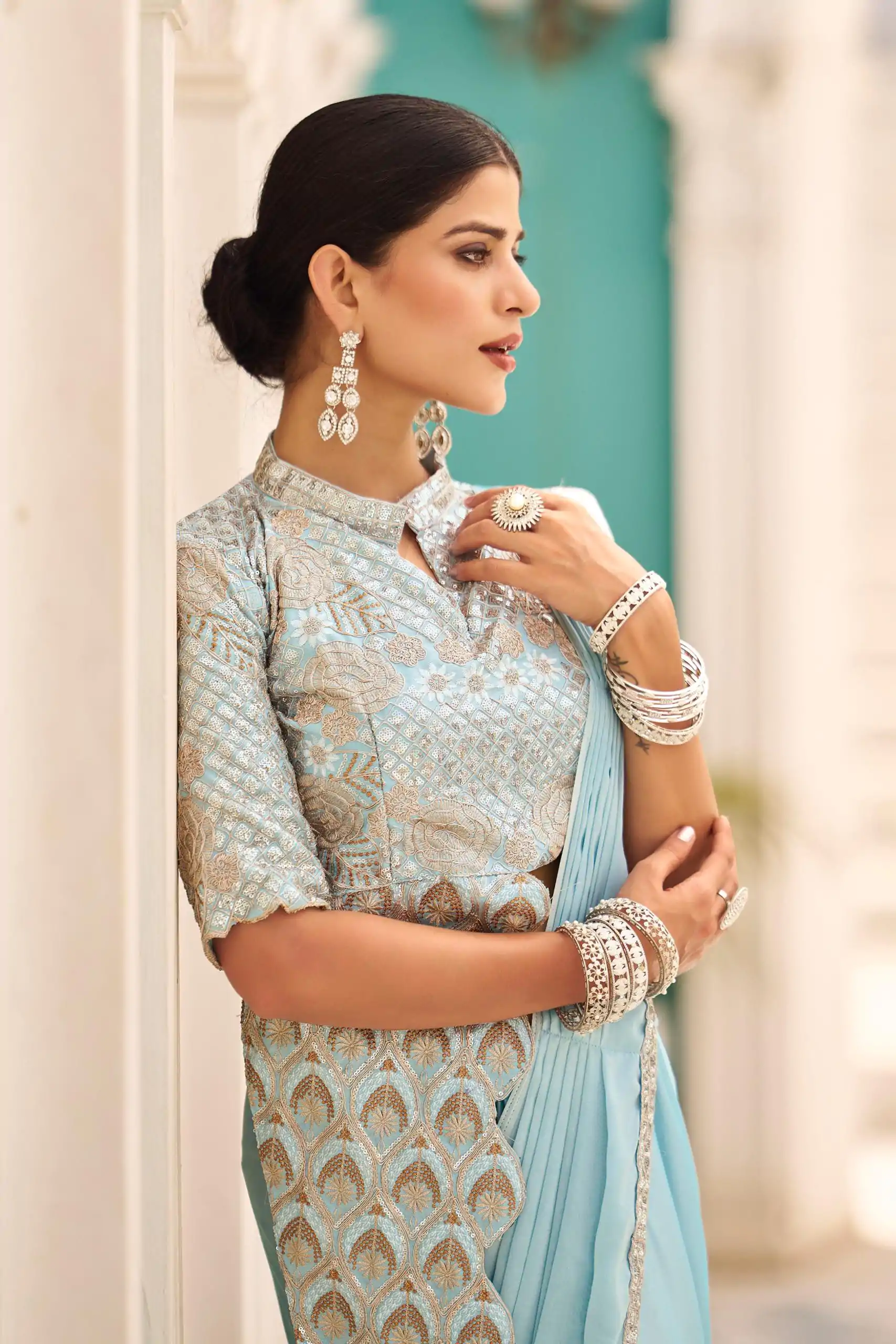 ST 1103 Sky Blue Color Chinon Embroidery Work Lace Border Saree Casual, Wedding, Festive, Events . Expected Delivery  4-6 Working Days @2099/- only                                                                                                                                           | Designer Sarees, Embroidered Sarees, Sarees, Bollywood Sarees, Creative Sarees, Ethnic Saree, Modern Digital sarees, Party Wear Sarees