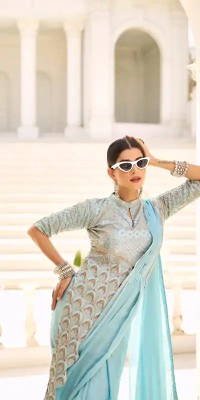 ST 1103 Sky Blue Color Chinon Embroidery Work Lace Border Saree Casual, Wedding, Festive, Events . Expected Delivery  4-6 Working Days @2099/- only                                                                                                                                           | Designer Sarees, Embroidered Sarees, Sarees, Bollywood Sarees, Creative Sarees, Ethnic Saree, Modern Digital sarees, Party Wear Sarees