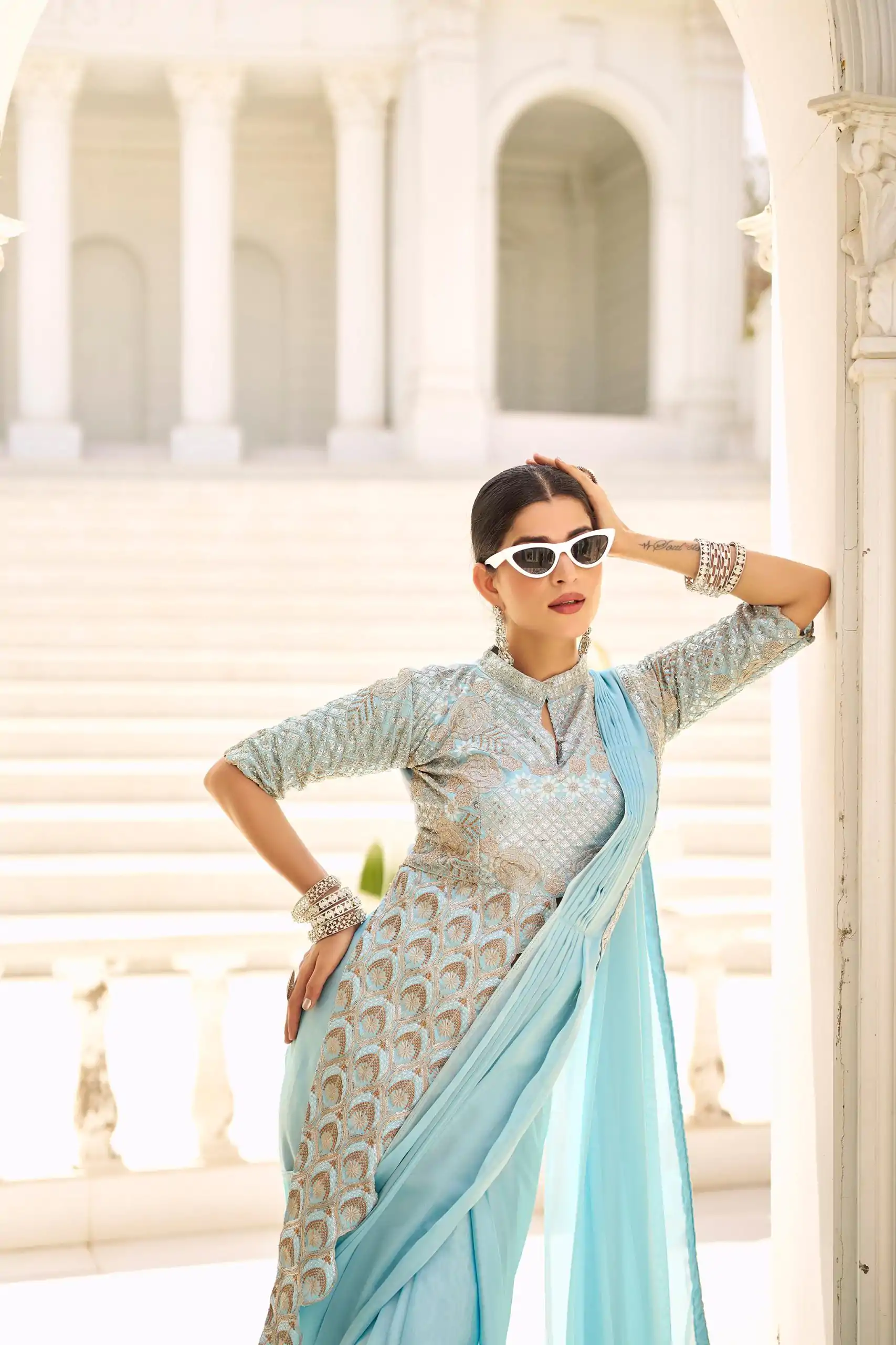 ST 1103 Sky Blue Color Chinon Embroidery Work Lace Border Saree Casual, Wedding, Festive, Events . Expected Delivery  4-6 Working Days @2099/- only                                                                                                                                           | Designer Sarees, Embroidered Sarees, Sarees, Bollywood Sarees, Creative Sarees, Ethnic Saree, Modern Digital sarees, Party Wear Sarees