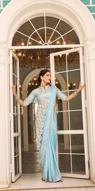 ST 1103 Sky Blue Color Chinon Embroidery Work Lace Border Saree Casual, Wedding, Festive, Events . Expected Delivery  4-6 Working Days @2099/- only                                                                                                                                           | Designer Sarees, Embroidered Sarees, Sarees, Bollywood Sarees, Creative Sarees, Ethnic Saree, Modern Digital sarees, Party Wear Sarees