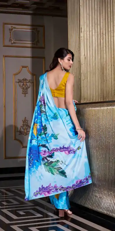 YNF 7026 Sky Blue Color Satin Silk Printed Saree Casual, Wedding, Festive, Events . Expected Delivery  4-6 Working Days @1599/- only                                                                                                                                           | Designer Sarees, Embroidered Sarees, Sarees, Bollywood Sarees, Creative Sarees, Ethnic Saree, Modern Digital sarees, Party Wear Sarees