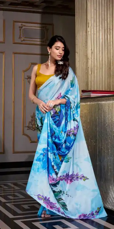 YNF 7026 Sky Blue Color Satin Silk Printed Saree Casual, Wedding, Festive, Events . Expected Delivery  4-6 Working Days @1599/- only                                                                                                                                           | Designer Sarees, Embroidered Sarees, Sarees, Bollywood Sarees, Creative Sarees, Ethnic Saree, Modern Digital sarees, Party Wear Sarees