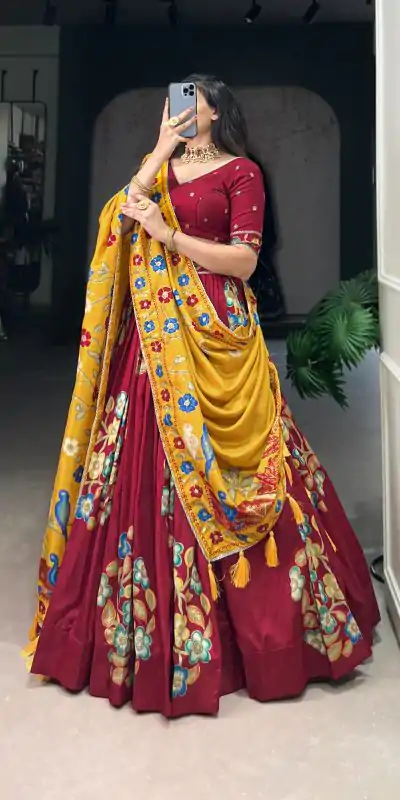 LNB 1239 Maroon Color Tushar Silk Printed Foil Work Lehenga Choli Casual, Wedding, Party, Festive, Events Etc.4-6 Working Days@ 2249/-only | Lehenga, Bollywood Lehenga, Creative Lehenga, Designer Lehenga, Embroidered Lehenga, Party Wear Lehenga