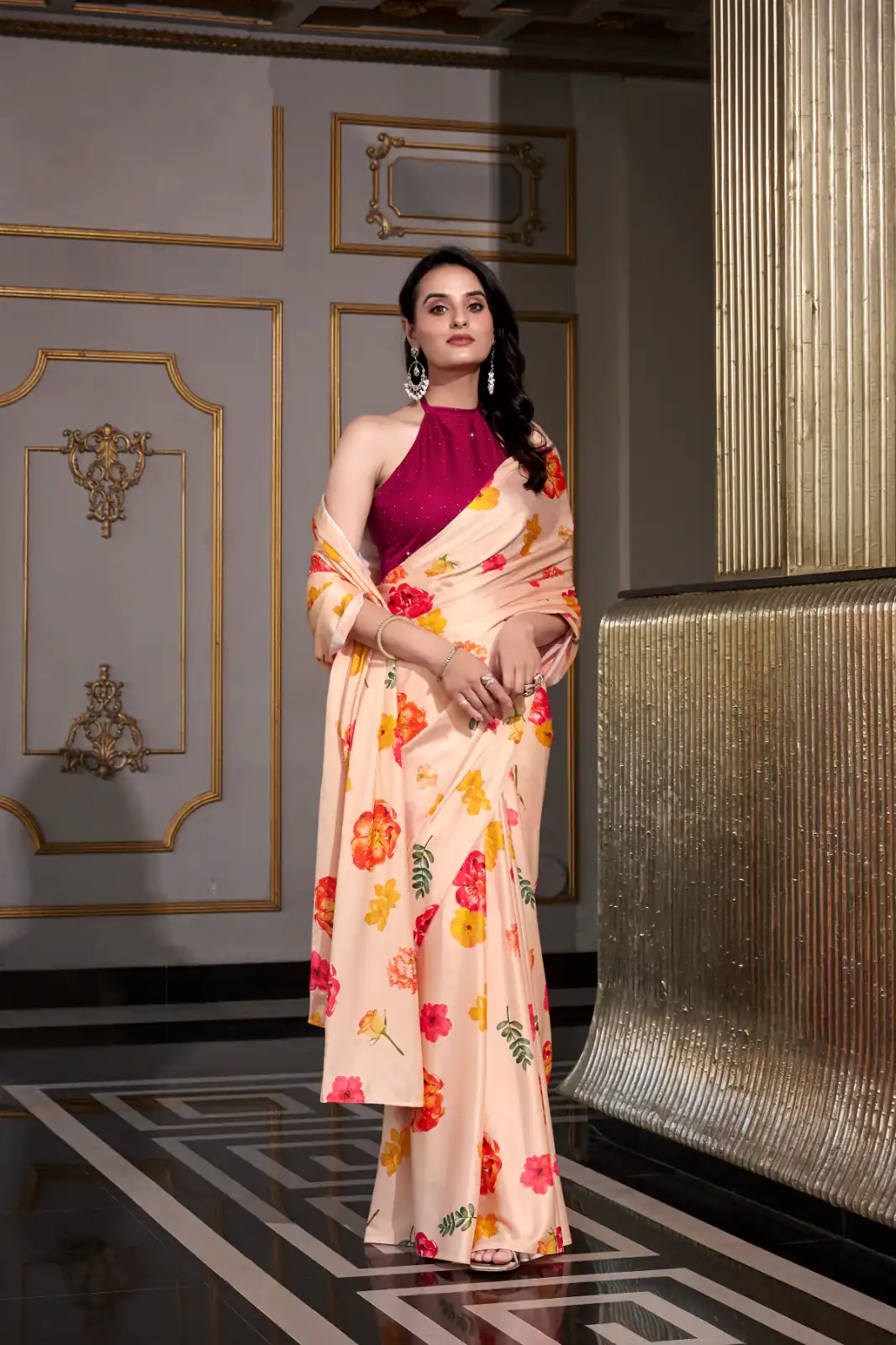 YNF 7026 Cream Color Satin Silk Printed Saree Casual, Wedding, Festive, Events . Expected Delivery  4-6 Working Days @1599/- only                                                                                                                                           | Designer Sarees, Embroidered Sarees, Sarees, Bollywood Sarees, Creative Sarees, Ethnic Saree, Modern Digital sarees, Party Wear Sarees