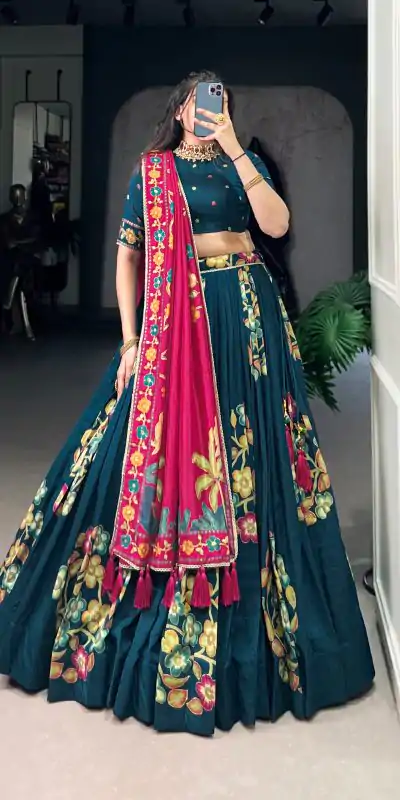 LNB 1239 Peacock Blue Color Tushar Silk Printed Foil Work Lehenga Choli Casual, Wedding, Party, Festive, Events Etc.4-6 Working Days@ 2249/-only | Lehenga, Bollywood Lehenga, Creative Lehenga, Designer Lehenga, Embroidered Lehenga, Party Wear Lehenga