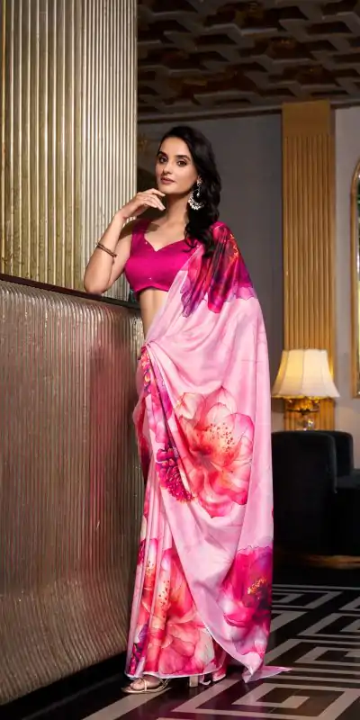 YNF 7026 Pink Color Satin Silk Printed Saree Casual, Wedding, Festive, Events . Expected Delivery  4-6 Working Days @1599/- only                                                                                                                                           | Designer Sarees, Embroidered Sarees, Sarees, Bollywood Sarees, Creative Sarees, Ethnic Saree, Modern Digital sarees, Party Wear Sarees