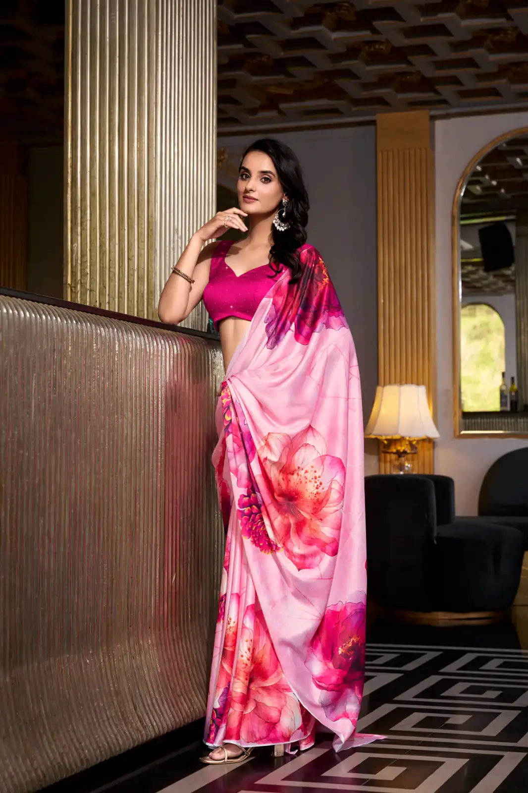 YNF 7026 Pink Color Satin Silk Printed Saree Casual, Wedding, Festive, Events . Expected Delivery 4-6 Working Days @1599/- only | Designer Sarees, Embroidered Sarees, Sarees, Bollywood Sarees, Creative Sarees, Ethnic Saree, Modern Digital sarees, Party Wear Sarees