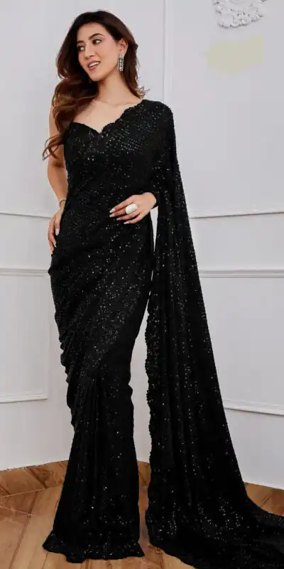 DF 3312 Black Color Faux Georgette 5mm Sequence Embroidery Work Saree Casual, Wedding, Festive, Events . Expected Delivery  4-6 Working Days @1899/- only                                                 | Designer Sarees, Embroidered Sarees, Sarees, Bollywood Sarees, Creative Sarees, Ethnic Saree, Modern Digital sarees, Party Wear Sarees