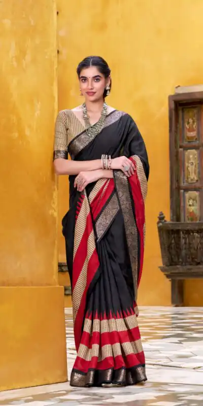 YNF 7049 Black Color Poly Cotton Printed With Zari Weaving Work Saree Casual, Wedding, Festive, Events . Expected Delivery  4-6 Working Days @1699/- only                                                                                | Designer Sarees, Embroidered Sarees, Sarees, Bollywood Sarees, Creative Sarees, Ethnic Saree, Modern Digital sarees, Party Wear Sarees