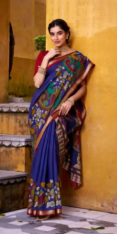 YNF 7048 Blue Color Polyester Chanderi Kalamkari Weaving Work Saree Casual, Wedding, Festive, Events . Expected Delivery  4-6 Working Days @1499/- only                                | Designer Sarees, Embroidered Sarees, Sarees, Bollywood Sarees, Creative Sarees, Ethnic Saree, Modern Digital sarees, Party Wear Sarees